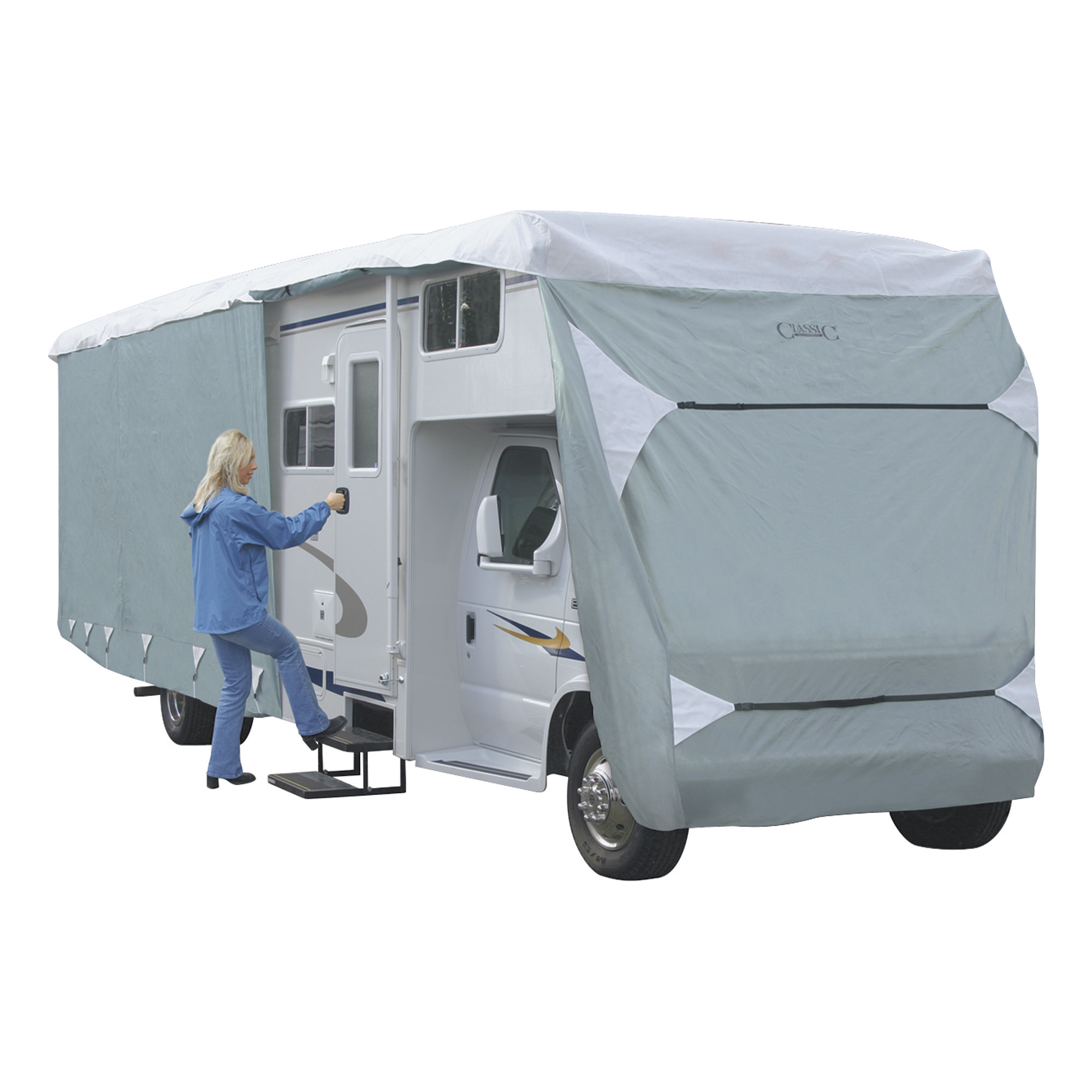 Classic Accessories OverDrive PolyPro 3 Deluxe Class C RV Cover, Gray and White, Fits 26ft.L-29ft.L x 122in.H RVs, Model# 79463